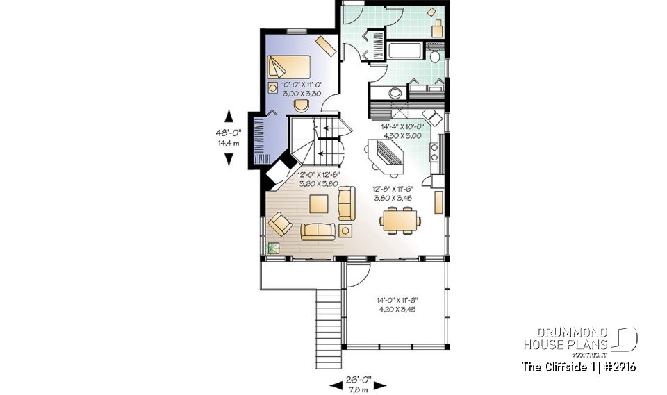 1st level - Fabulous 3 beds / 2 baths cottage house plan with open floor plan, fireplace and screened-in deck - The Cliffside 1