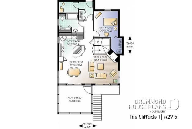 1st level - Fabulous 3 beds / 2 baths cottage house plan with open floor plan, fireplace and screened-in deck - The Cliffside 1