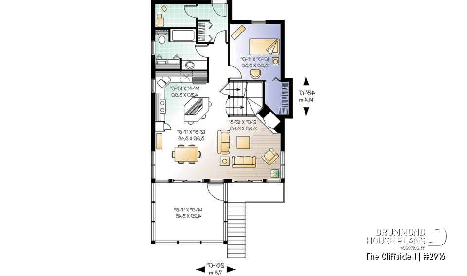 1st level - Fabulous 3 beds / 2 baths cottage house plan with open floor plan, fireplace and screened-in deck - The Cliffside 1