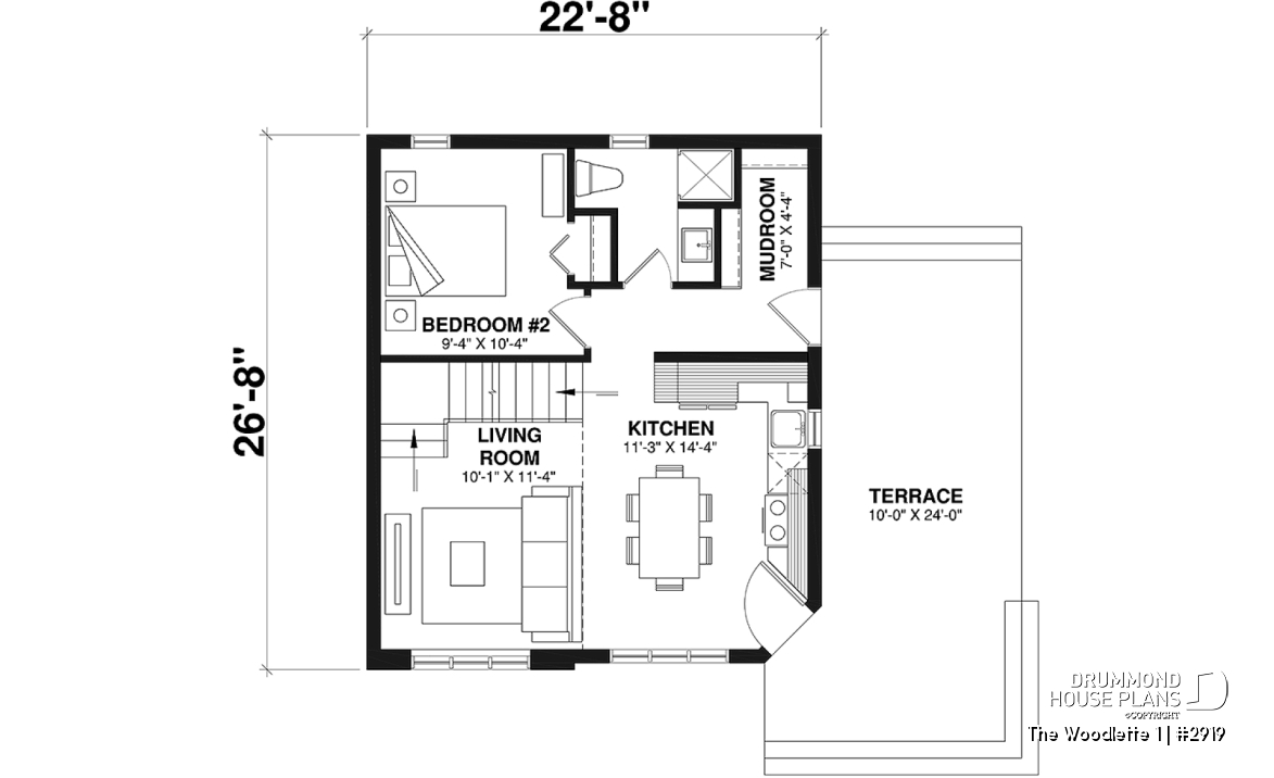 1st level - 2 to 3 bedroom affordable modern style house plan, lots of natural light, cathedral ceiling + mezzanine - The Woodlette 1