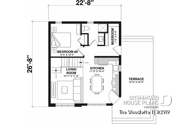 1st level - 2 to 3 bedroom affordable modern style house plan, lots of natural light, cathedral ceiling + mezzanine - The Woodlette 1