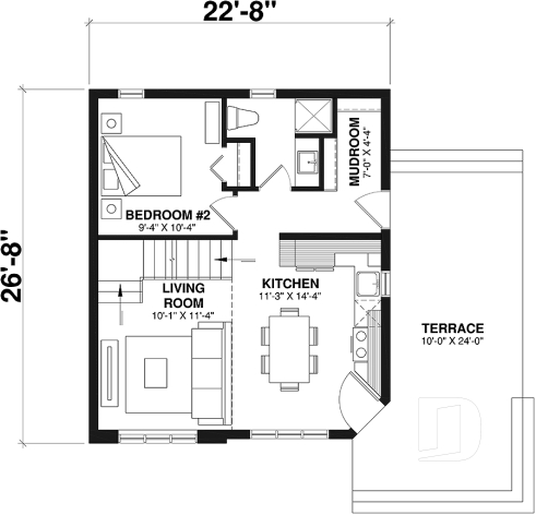 1st level - 2 to 3 bedroom affordable modern style house plan, lots of natural light, cathedral ceiling + mezzanine - The Woodlette 1