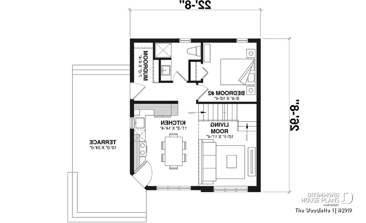 1st level - 2 to 3 bedroom affordable modern style house plan, lots of natural light, cathedral ceiling + mezzanine - The Woodlette 1