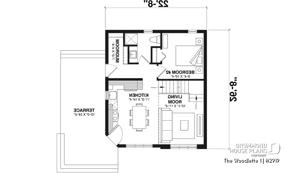 1st level - 2 to 3 bedroom affordable modern style house plan, lots of natural light, cathedral ceiling + mezzanine - The Woodlette 1