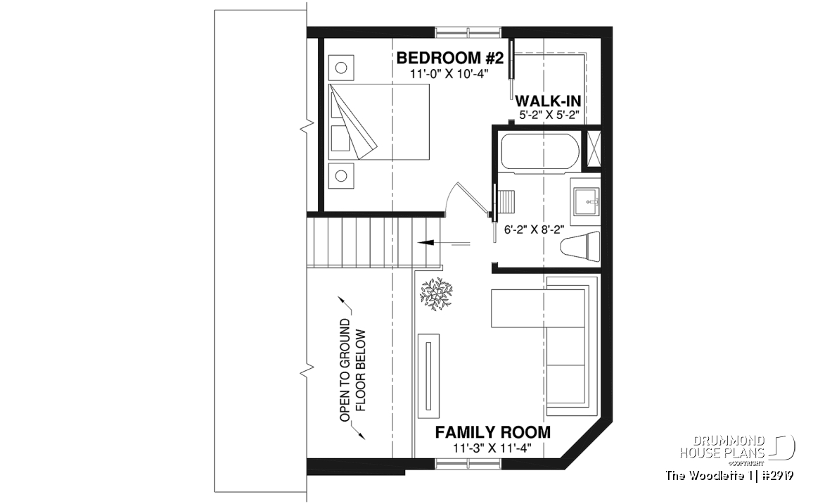 2nd level - 2 to 3 bedroom affordable modern style house plan, lots of natural light, cathedral ceiling + mezzanine - The Woodlette 1