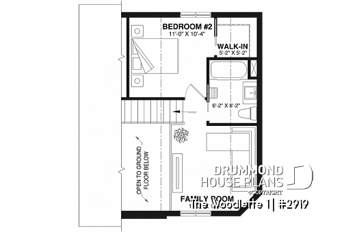 2nd level - 2 to 3 bedroom affordable modern style house plan, lots of natural light, cathedral ceiling + mezzanine - The Woodlette 1