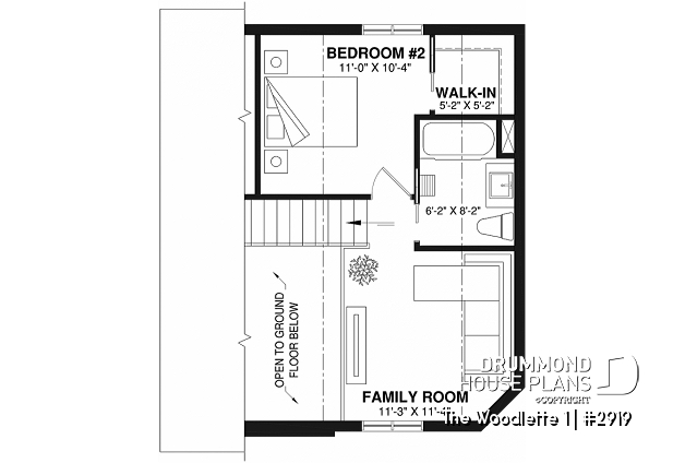 2nd level - 2 to 3 bedroom affordable modern style house plan, lots of natural light, cathedral ceiling + mezzanine - The Woodlette 1