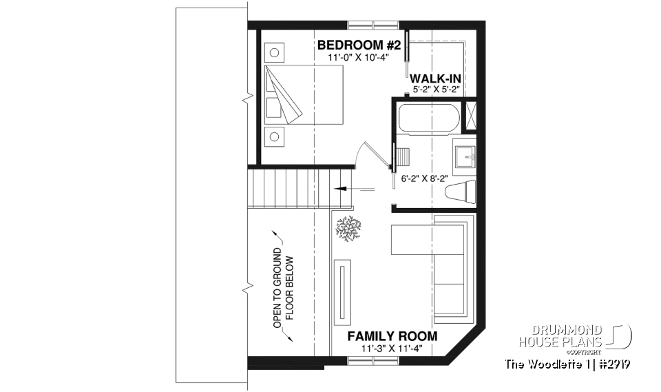 2nd level - 2 to 3 bedroom affordable modern style house plan, lots of natural light, cathedral ceiling + mezzanine - The Woodlette 1