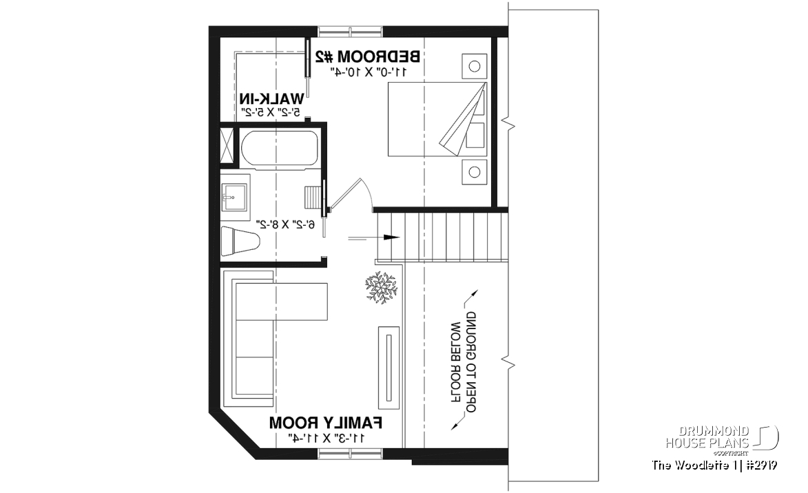 2nd level - 2 to 3 bedroom affordable modern style house plan, lots of natural light, cathedral ceiling + mezzanine - The Woodlette 1