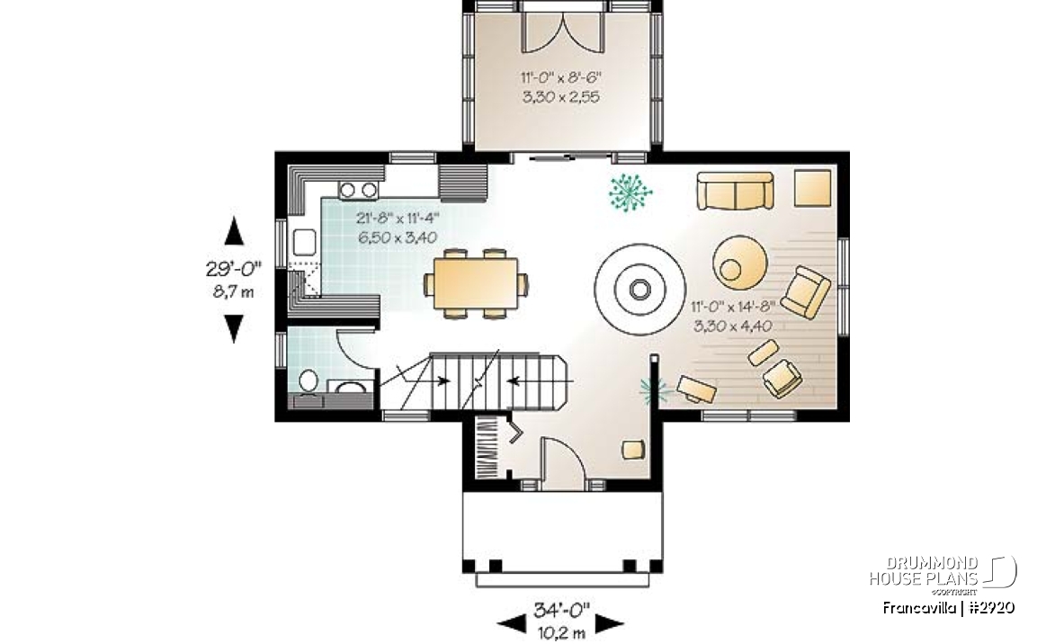 1st level - Modern rustic cottage plan with 3 bedrooms, large central fireplace, laundry room on second floor - Francavilla