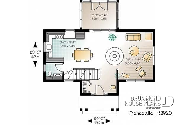 1st level - Modern rustic cottage plan with 3 bedrooms, large central fireplace, laundry room on second floor - Francavilla