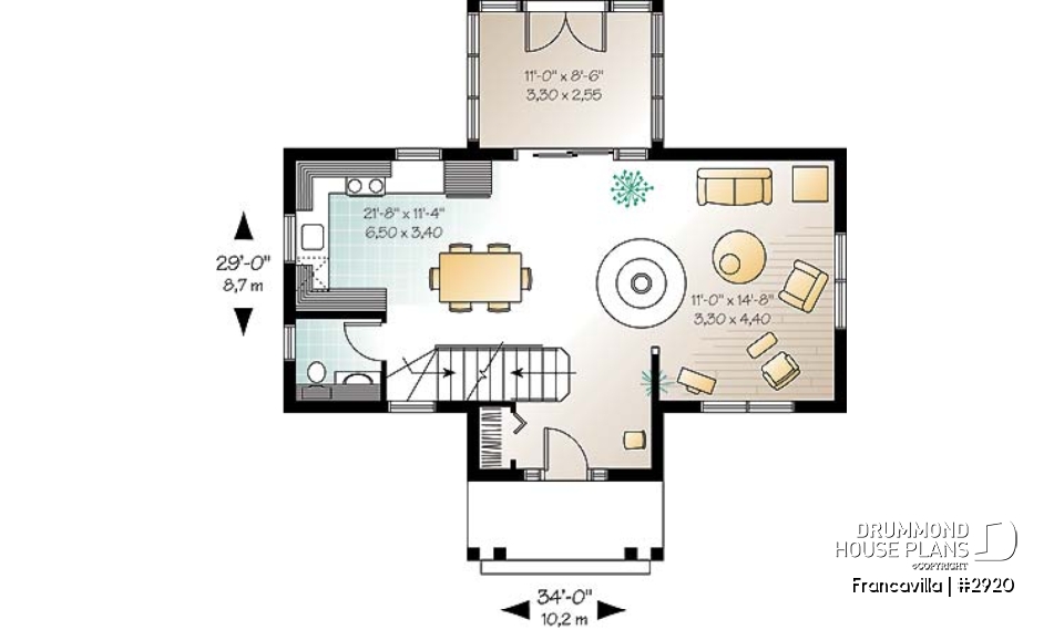 1st level - Modern rustic cottage plan with 3 bedrooms, large central fireplace, laundry room on second floor - Francavilla