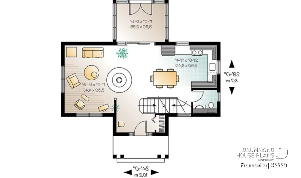 1st level - Modern rustic cottage plan with 3 bedrooms, large central fireplace, laundry room on second floor - Francavilla