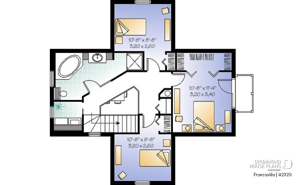 2nd level - Modern rustic cottage plan with 3 bedrooms, large central fireplace, laundry room on second floor - Francavilla