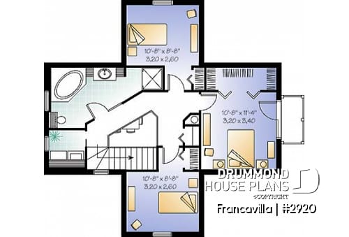 2nd level - Modern rustic cottage plan with 3 bedrooms, large central fireplace, laundry room on second floor - Francavilla