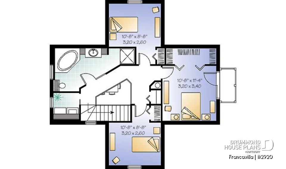 2nd level - Modern rustic cottage plan with 3 bedrooms, large central fireplace, laundry room on second floor - Francavilla
