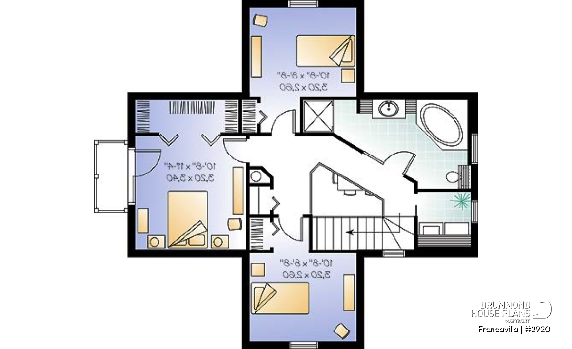 2nd level - Modern rustic cottage plan with 3 bedrooms, large central fireplace, laundry room on second floor - Francavilla