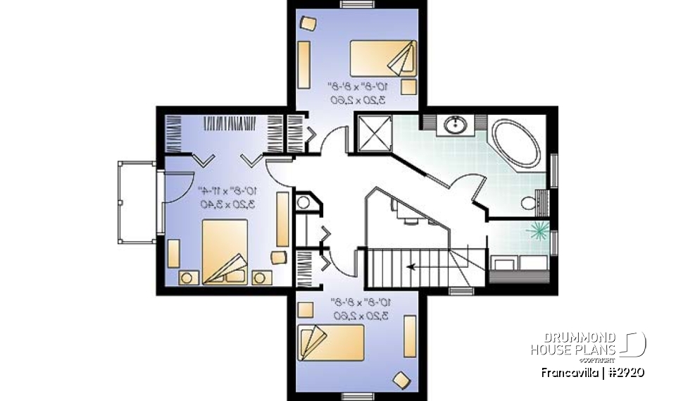 2nd level - Modern rustic cottage plan with 3 bedrooms, large central fireplace, laundry room on second floor - Francavilla