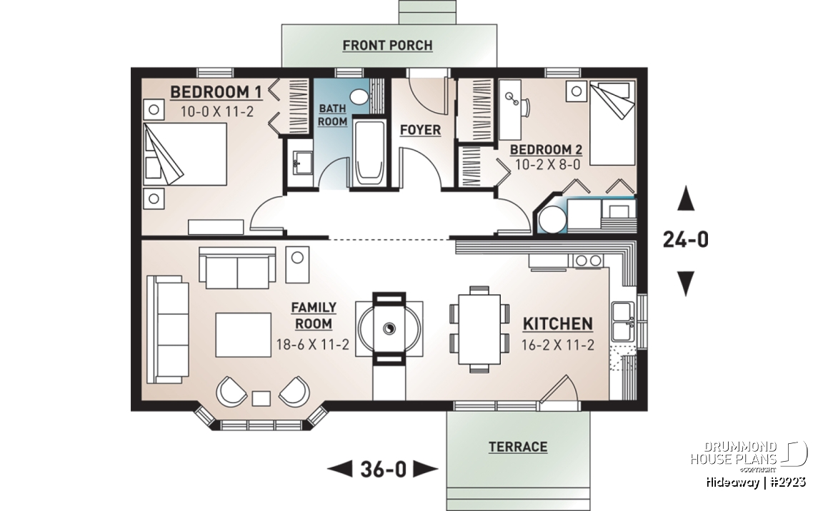 1st level - Simple small tiny cabin house plans with open concept, sleep easily 8 people - Hideaway