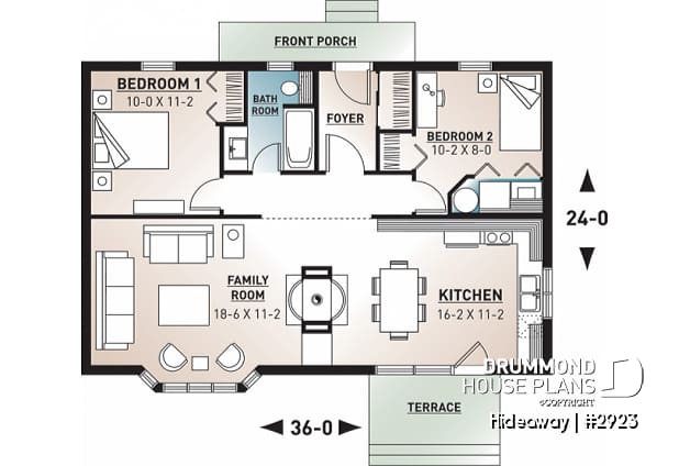 1st level - Simple small tiny cabin house plans with open concept, sleep easily 8 people - Hideaway