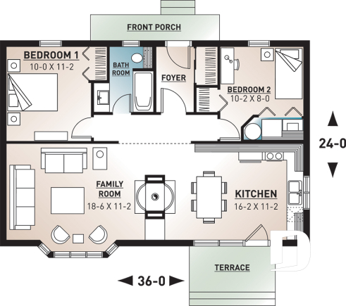 1st level - Simple small tiny cabin house plans with open concept, sleep easily 8 people - Hideaway