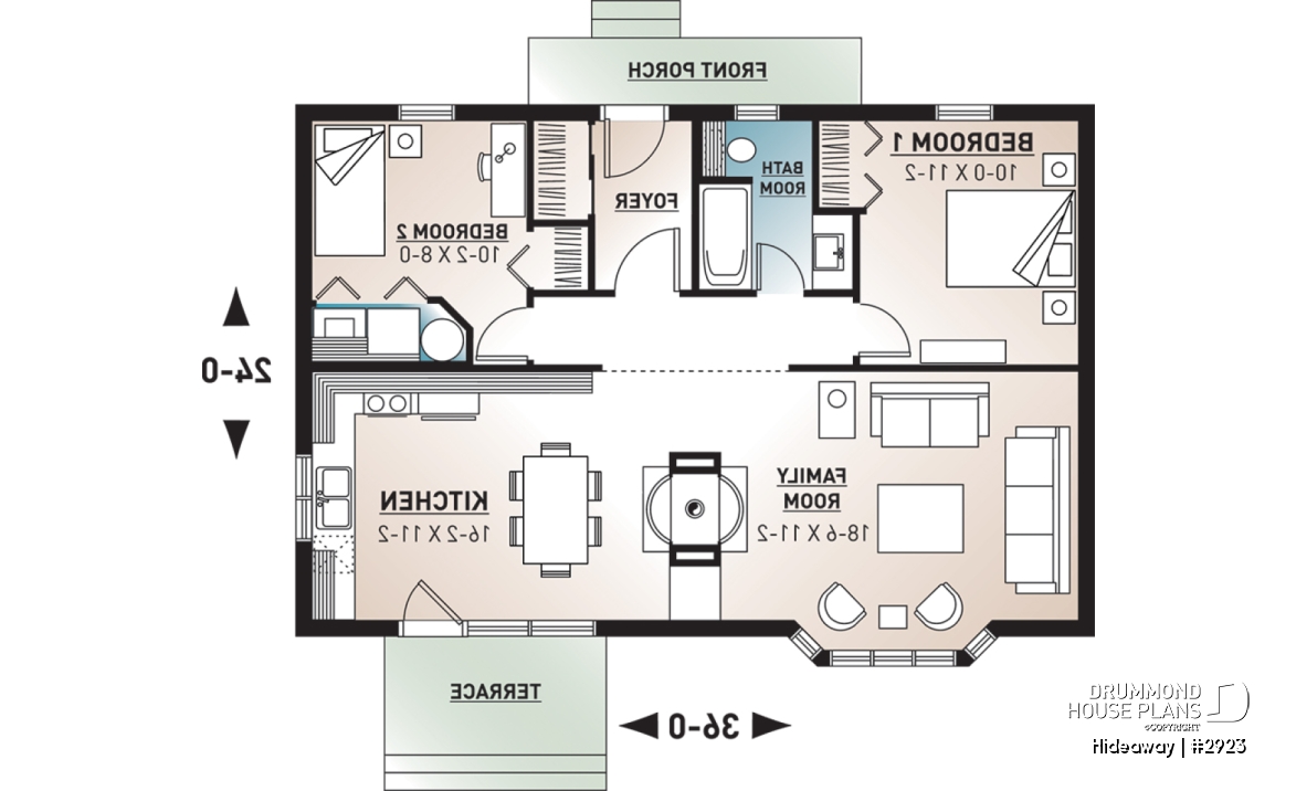 1st level - Simple small tiny cabin house plans with open concept, sleep easily 8 people - Hideaway