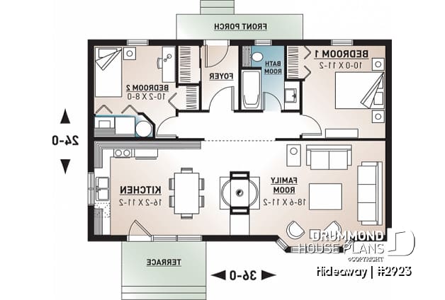 1st level - Simple small tiny cabin house plans with open concept, sleep easily 8 people - Hideaway