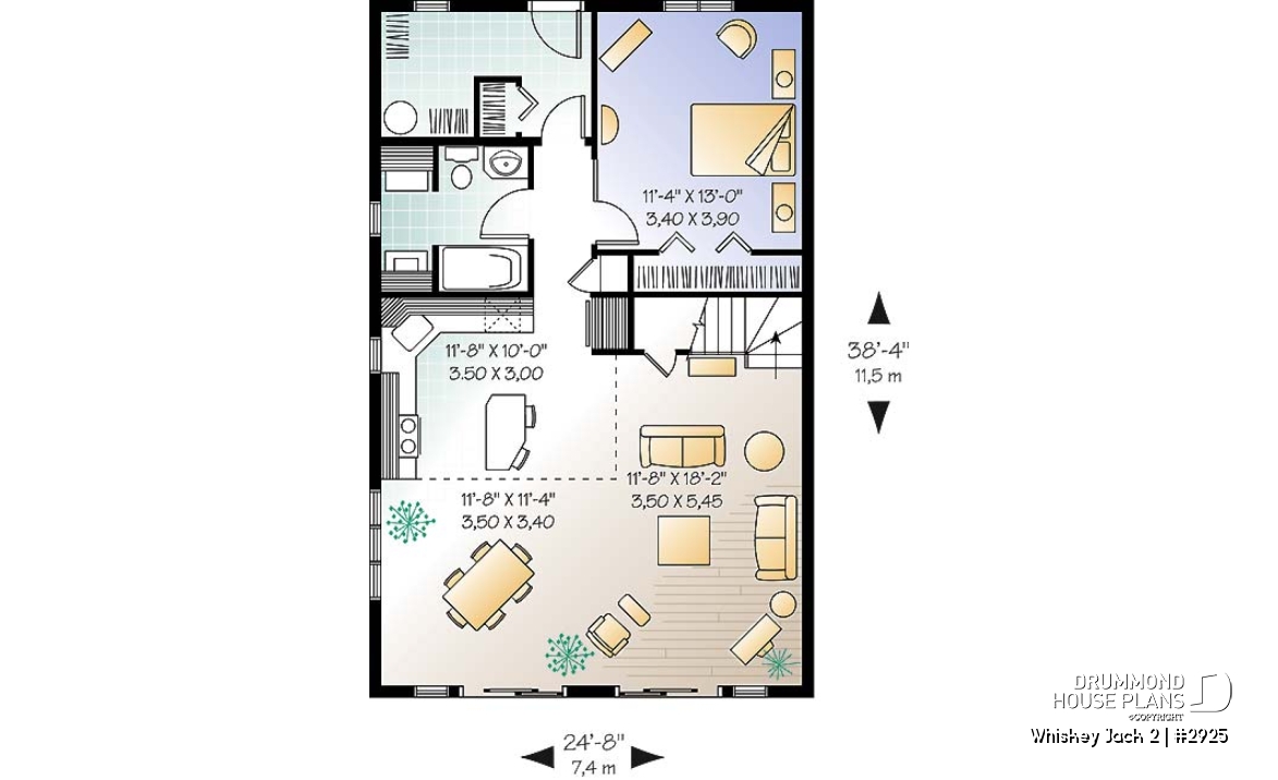 1st level - Affordable A-frame cottage plan, 2 bedrooms + loft, mezzanine, open floor plan, mud room - Whiskey Jack 2