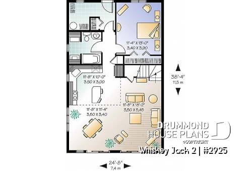1st level - Affordable A-frame cottage plan, 2 bedrooms + loft, mezzanine, open floor plan, mud room - Whiskey Jack 2