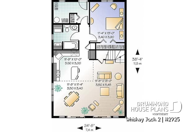 1st level - Affordable A-frame cottage plan, 2 bedrooms + loft, mezzanine, open floor plan, mud room - Whiskey Jack 2