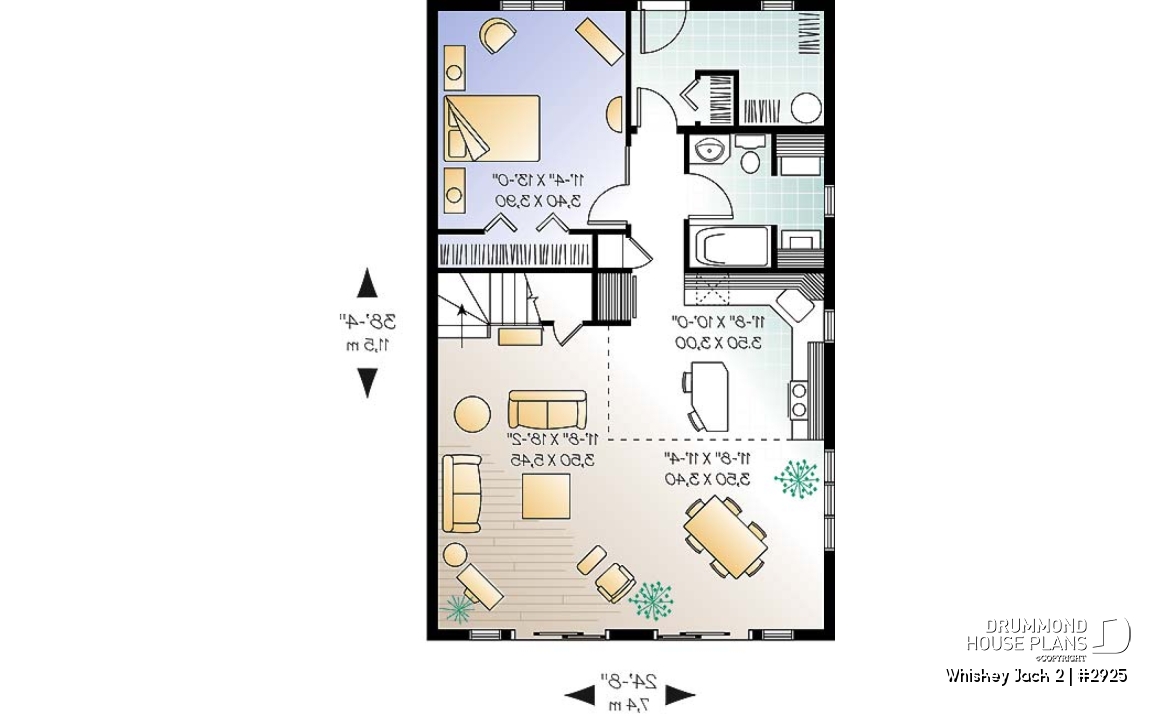 1st level - Affordable A-frame cottage plan, 2 bedrooms + loft, mezzanine, open floor plan, mud room - Whiskey Jack 2