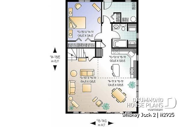 1st level - Affordable A-frame cottage plan, 2 bedrooms + loft, mezzanine, open floor plan, mud room - Whiskey Jack 2