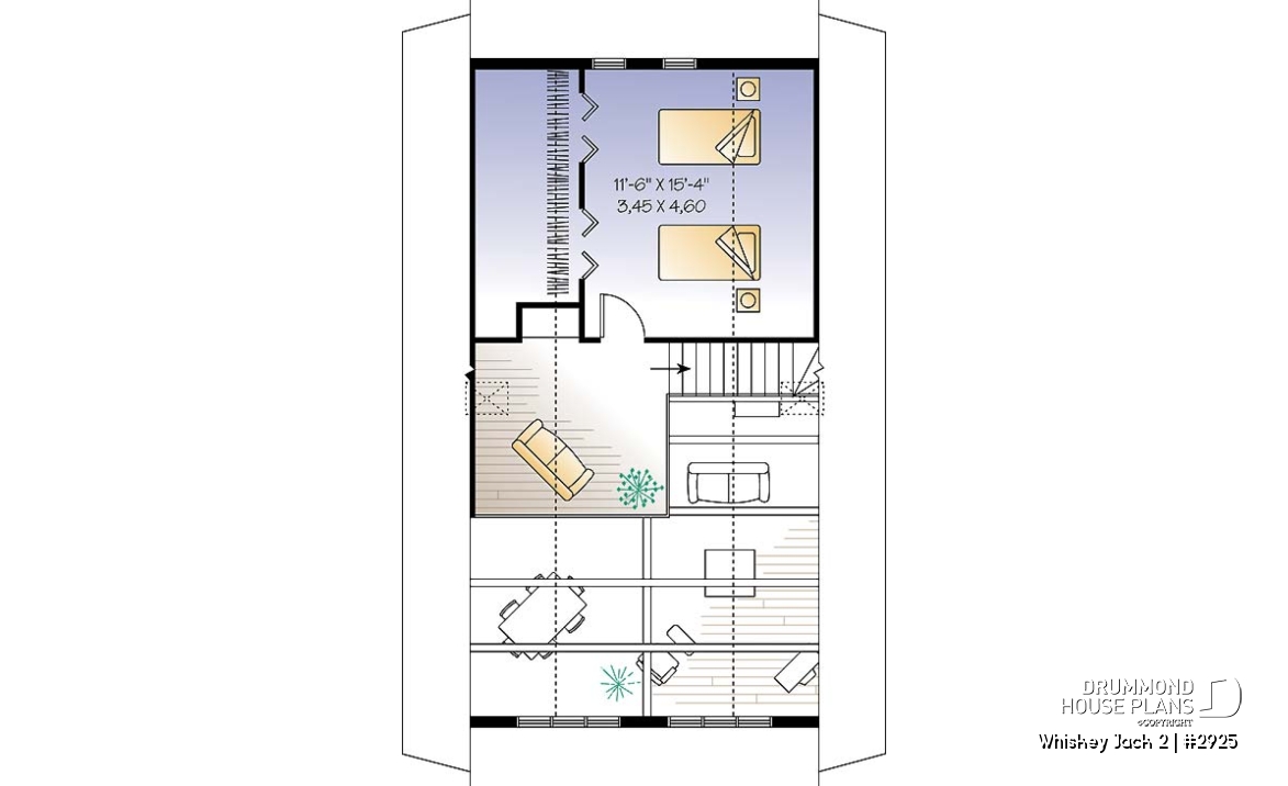 2nd level - Affordable A-frame cottage plan, 2 bedrooms + loft, mezzanine, open floor plan, mud room - Whiskey Jack 2