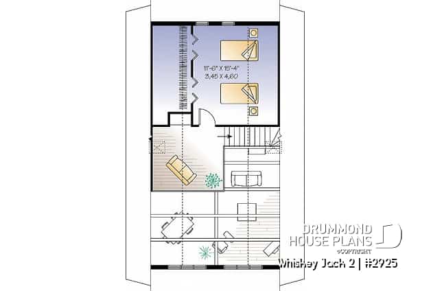 2nd level - Affordable A-frame cottage plan, 2 bedrooms + loft, mezzanine, open floor plan, mud room - Whiskey Jack 2