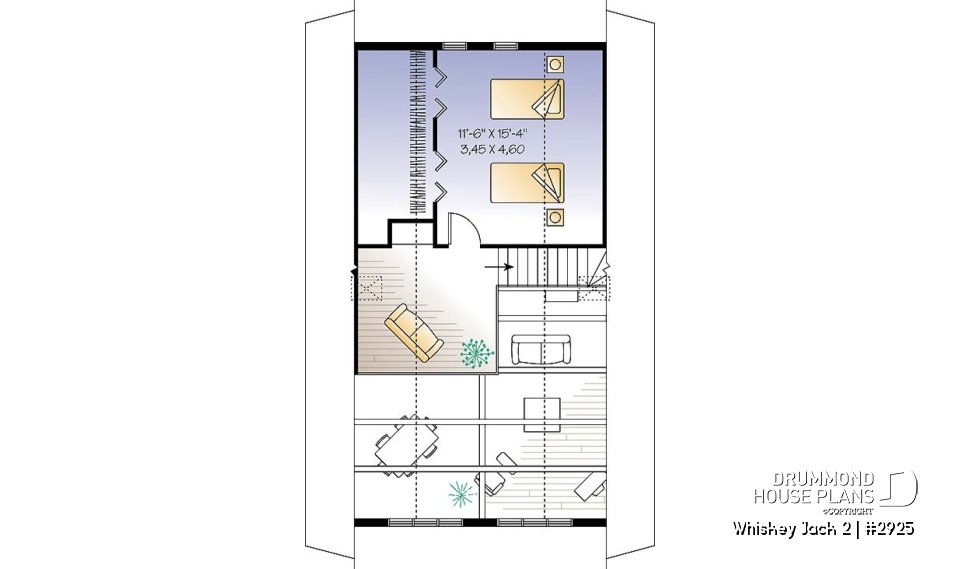 2nd level - Affordable A-frame cottage plan, 2 bedrooms + loft, mezzanine, open floor plan, mud room - Whiskey Jack 2