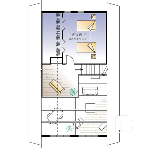 2nd level - Affordable A-frame cottage plan, 2 bedrooms + loft, mezzanine, open floor plan, mud room - Whiskey Jack 2