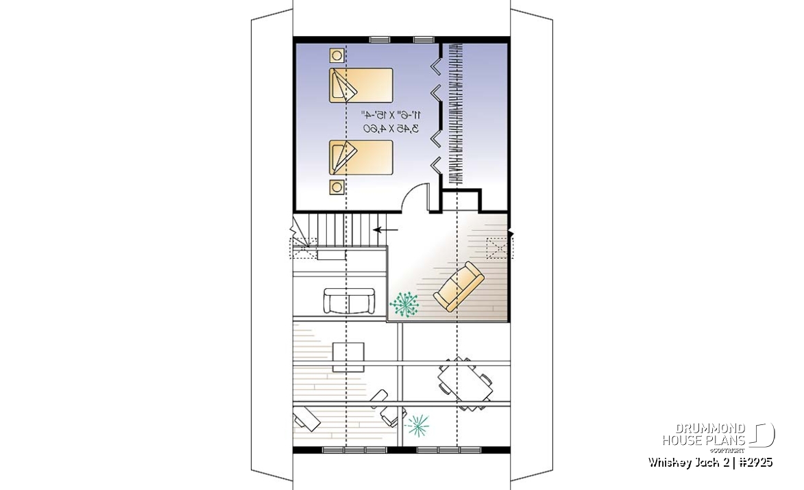 2nd level - Affordable A-frame cottage plan, 2 bedrooms + loft, mezzanine, open floor plan, mud room - Whiskey Jack 2
