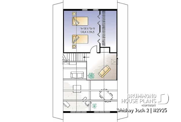 2nd level - Affordable A-frame cottage plan, 2 bedrooms + loft, mezzanine, open floor plan, mud room - Whiskey Jack 2