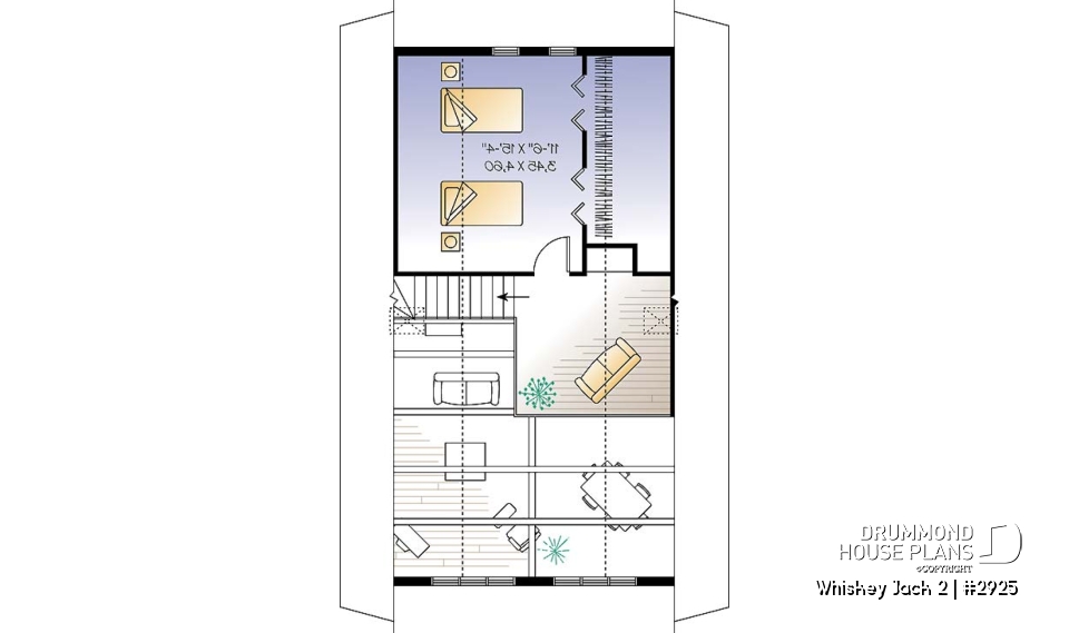 2nd level - Affordable A-frame cottage plan, 2 bedrooms + loft, mezzanine, open floor plan, mud room - Whiskey Jack 2