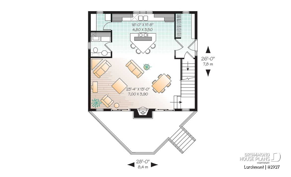 1st level - One bedroom A-frame cabin plan, lots of  lights, fireplace, mezzanine, large master suite, unfinished basement - Larchmont
