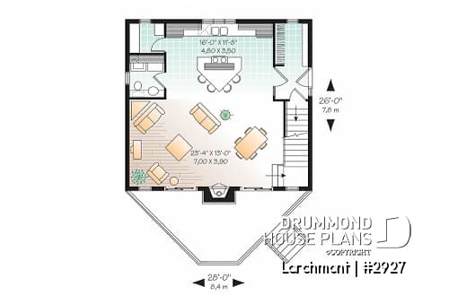 1st level - One bedroom A-frame cabin plan, lots of  lights, fireplace, mezzanine, large master suite, unfinished basement - Larchmont