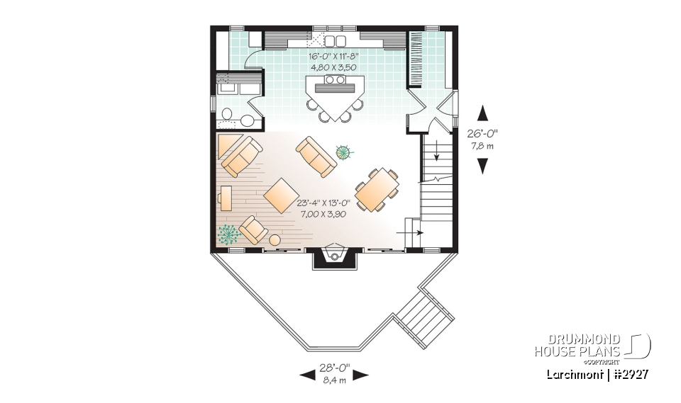 1st level - One bedroom A-frame cabin plan, lots of  lights, fireplace, mezzanine, large master suite, unfinished basement - Larchmont