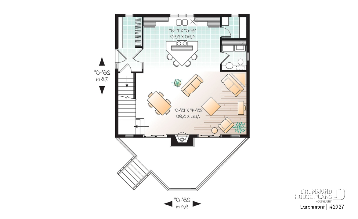 1st level - One bedroom A-frame cabin plan, lots of  lights, fireplace, mezzanine, large master suite, unfinished basement - Larchmont