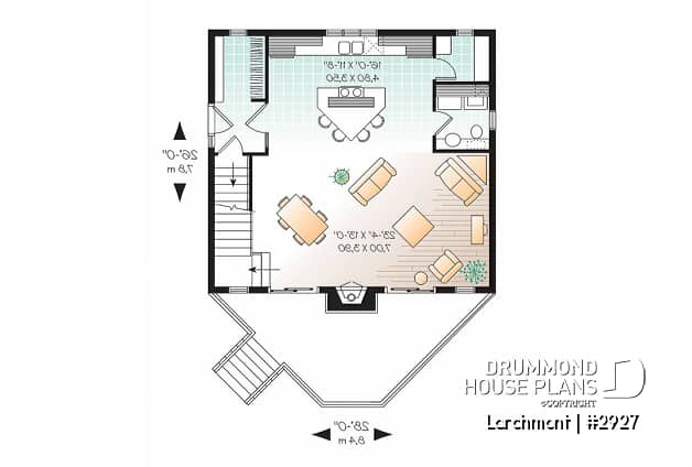 1st level - One bedroom A-frame cabin plan, lots of  lights, fireplace, mezzanine, large master suite, unfinished basement - Larchmont