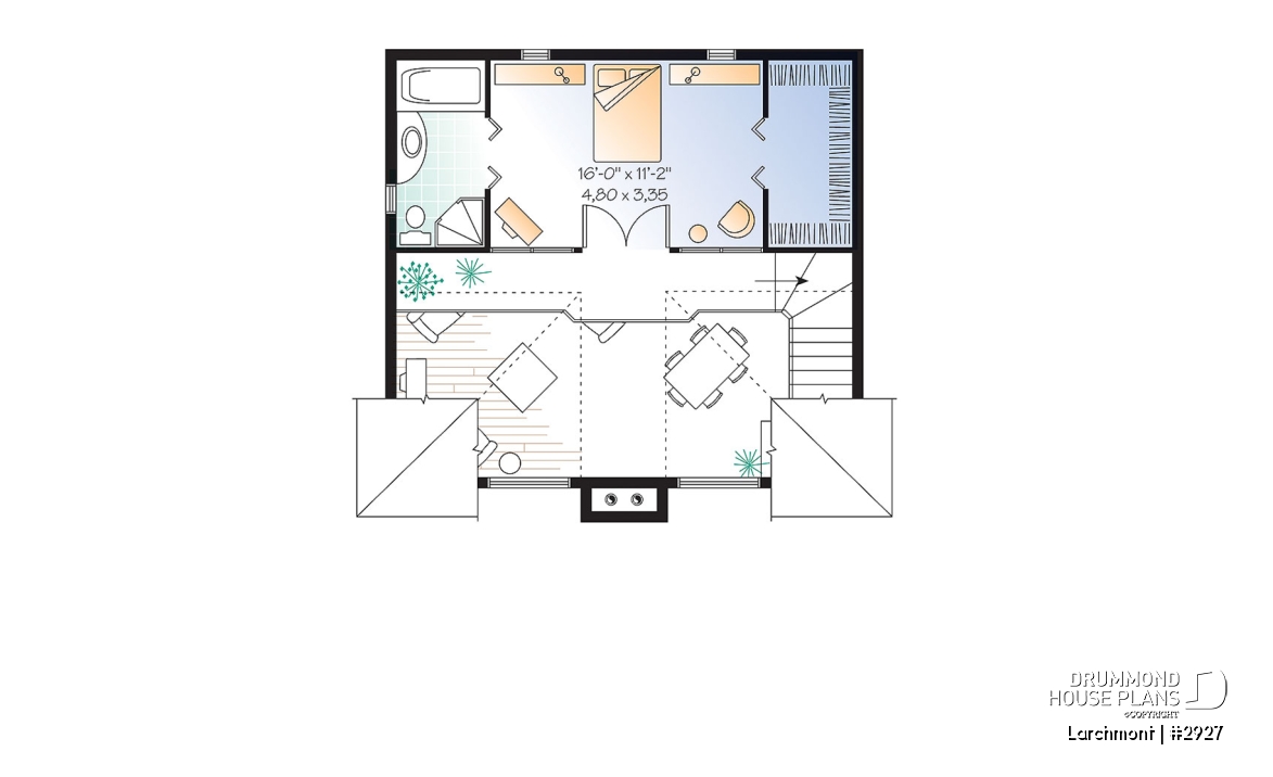 2nd level - One bedroom A-frame cabin plan, lots of  lights, fireplace, mezzanine, large master suite, unfinished basement - Larchmont