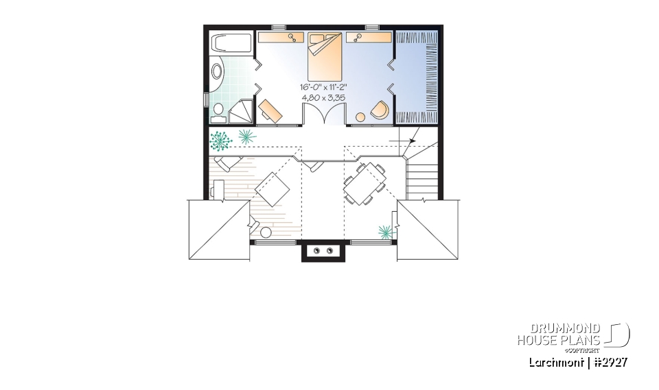 2nd level - One bedroom A-frame cabin plan, lots of  lights, fireplace, mezzanine, large master suite, unfinished basement - Larchmont