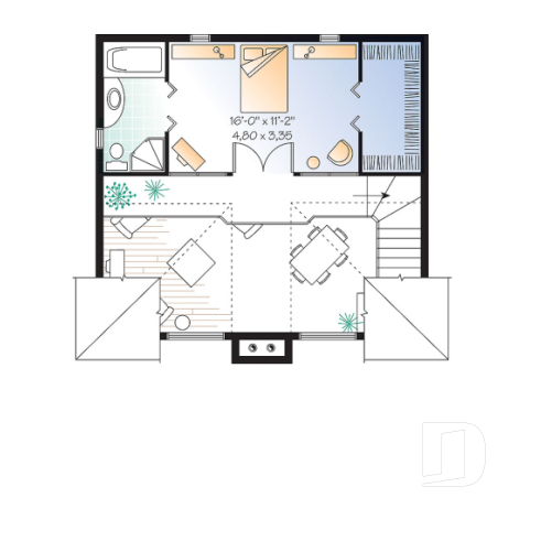 2nd level - One bedroom A-frame cabin plan, lots of  lights, fireplace, mezzanine, large master suite, unfinished basement - Larchmont