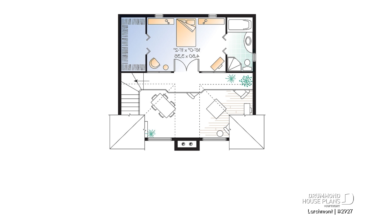 2nd level - One bedroom A-frame cabin plan, lots of  lights, fireplace, mezzanine, large master suite, unfinished basement - Larchmont