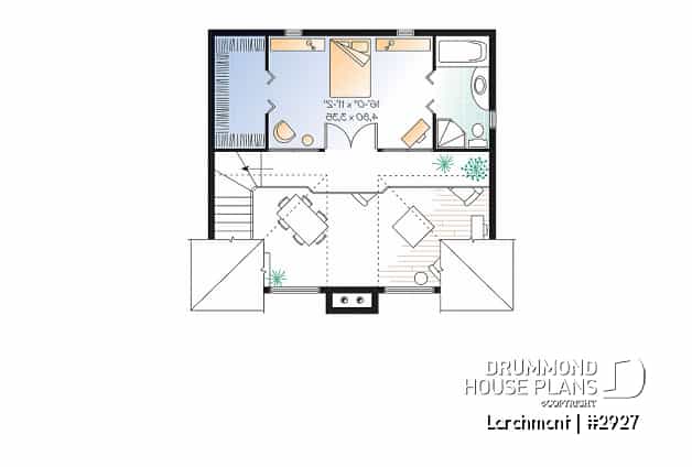 2nd level - One bedroom A-frame cabin plan, lots of  lights, fireplace, mezzanine, large master suite, unfinished basement - Larchmont