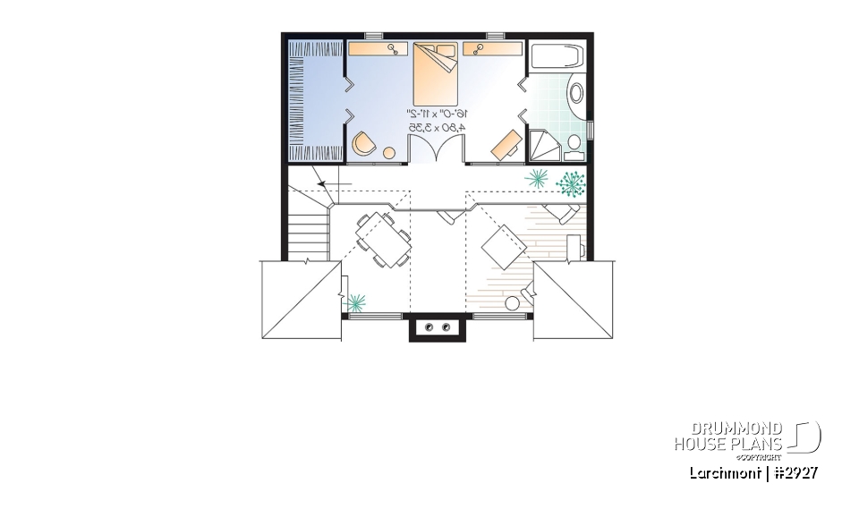 2nd level - One bedroom A-frame cabin plan, lots of  lights, fireplace, mezzanine, large master suite, unfinished basement - Larchmont